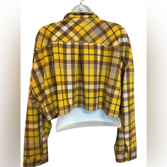 Yellow Plaid Women's Crop Top Flannel Shirt, Size L, EUC - Picture 2 of 3